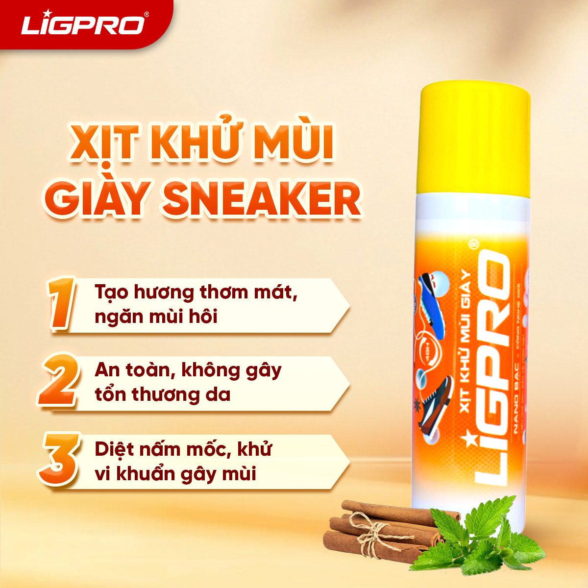 Chai Xịt Khử Mùi LIGPRO Nano Bạc Khử Khuẩn Khử Mùi Hương Quế Bạc Hà 200ML