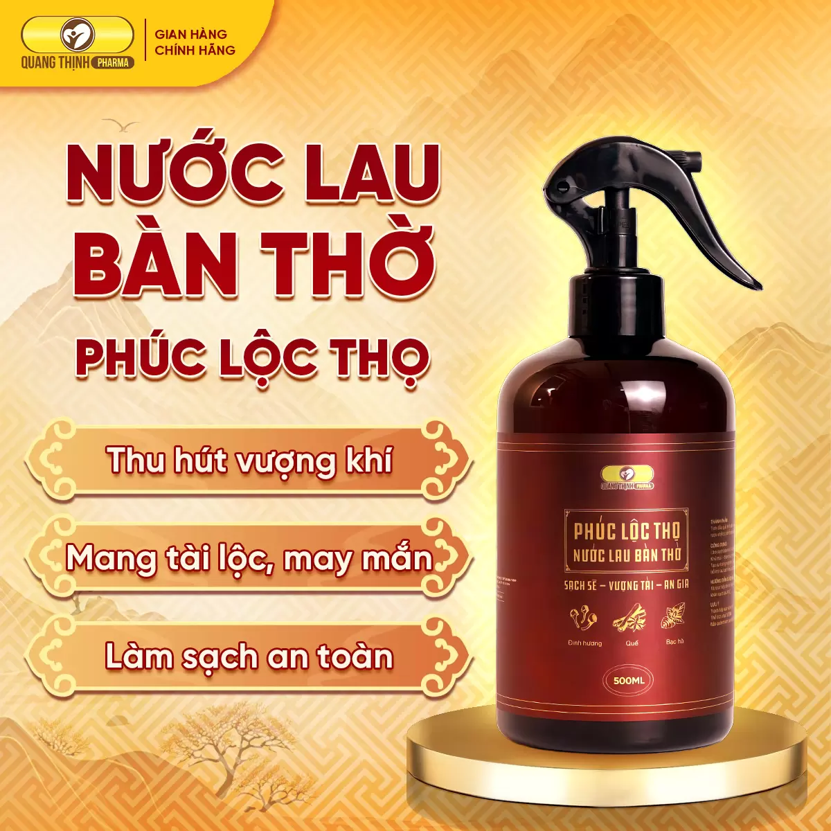 Nước Lau Bàn Thờ Phúc Lộc Thọ Quang Thịnh Pharma Tẩy Uế Chiêu Tài 500ML